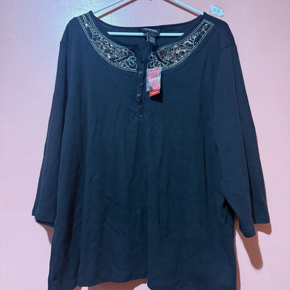 Avenue Womens Blouse Plus 22/24 Black Cotton Long Sleeve Buttons Sequin New